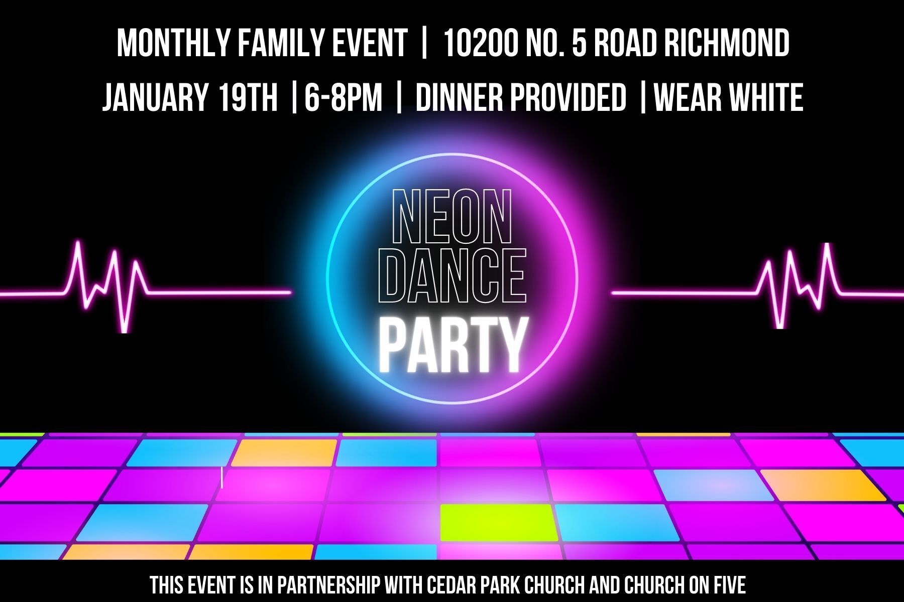 An image advertising a family friendly dance party event